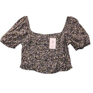 Sophie Rue Anthropology Ditsy Black Floral Pleated‎ Front Cropped Top Large NEW